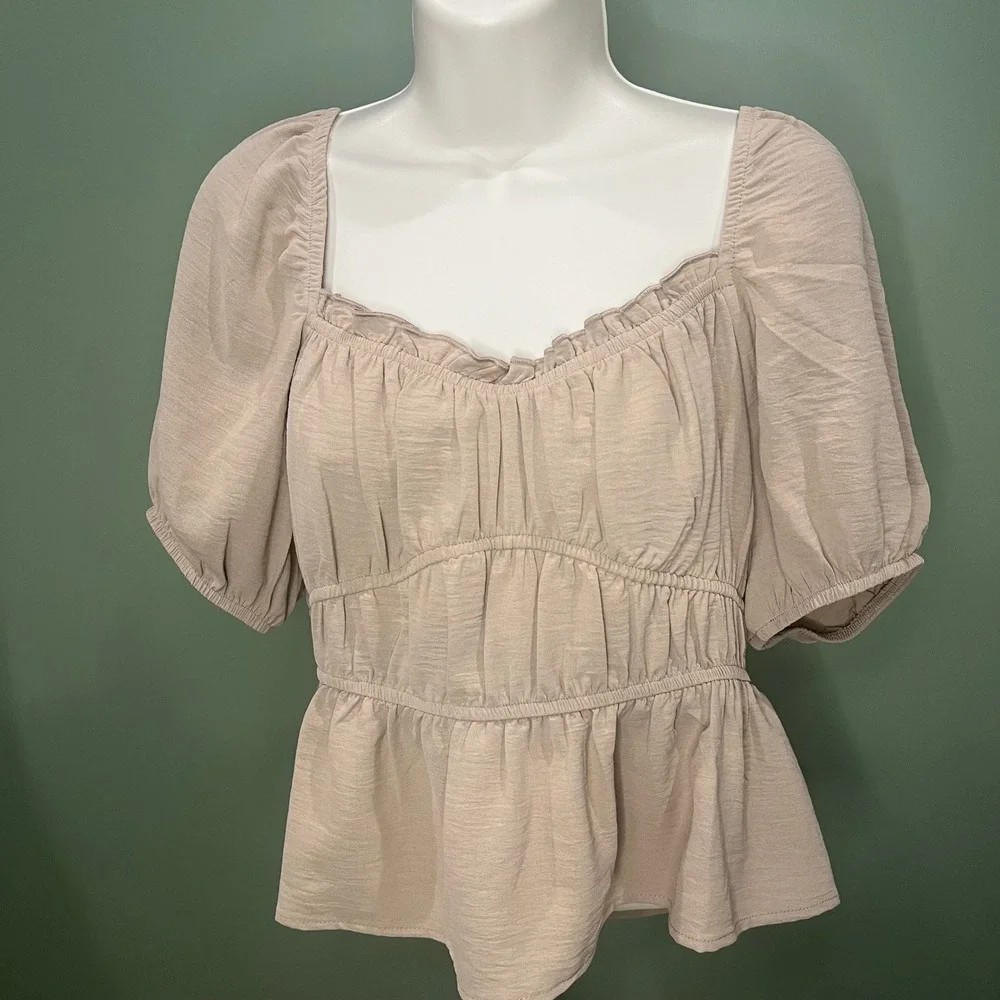 And Now This Tan Smocked Peplum Top Short Puff Sleeve Square Neck Size Medium